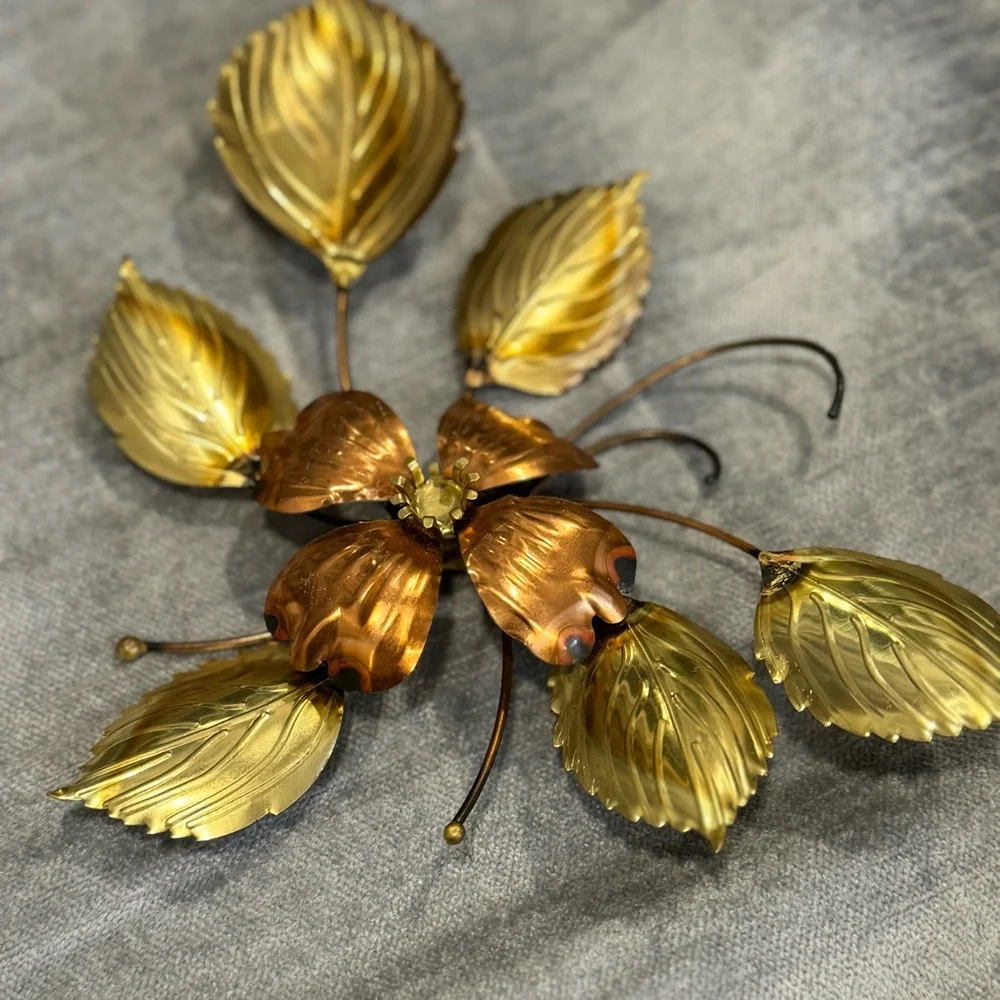 4/ Vintage Metal Flower Wall Art | Mid Century Modern Gold & Copper  / set 4